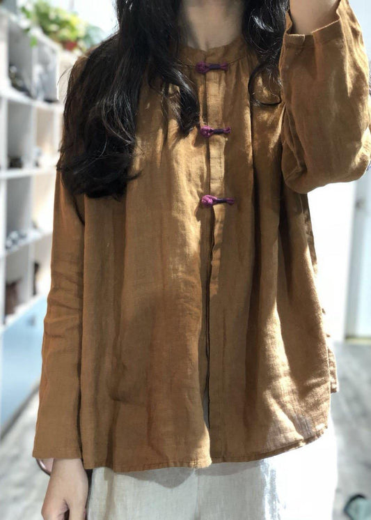 Simple green stand collar linen blouses for women Chinese Button silhouette fall blouse - SooLinen