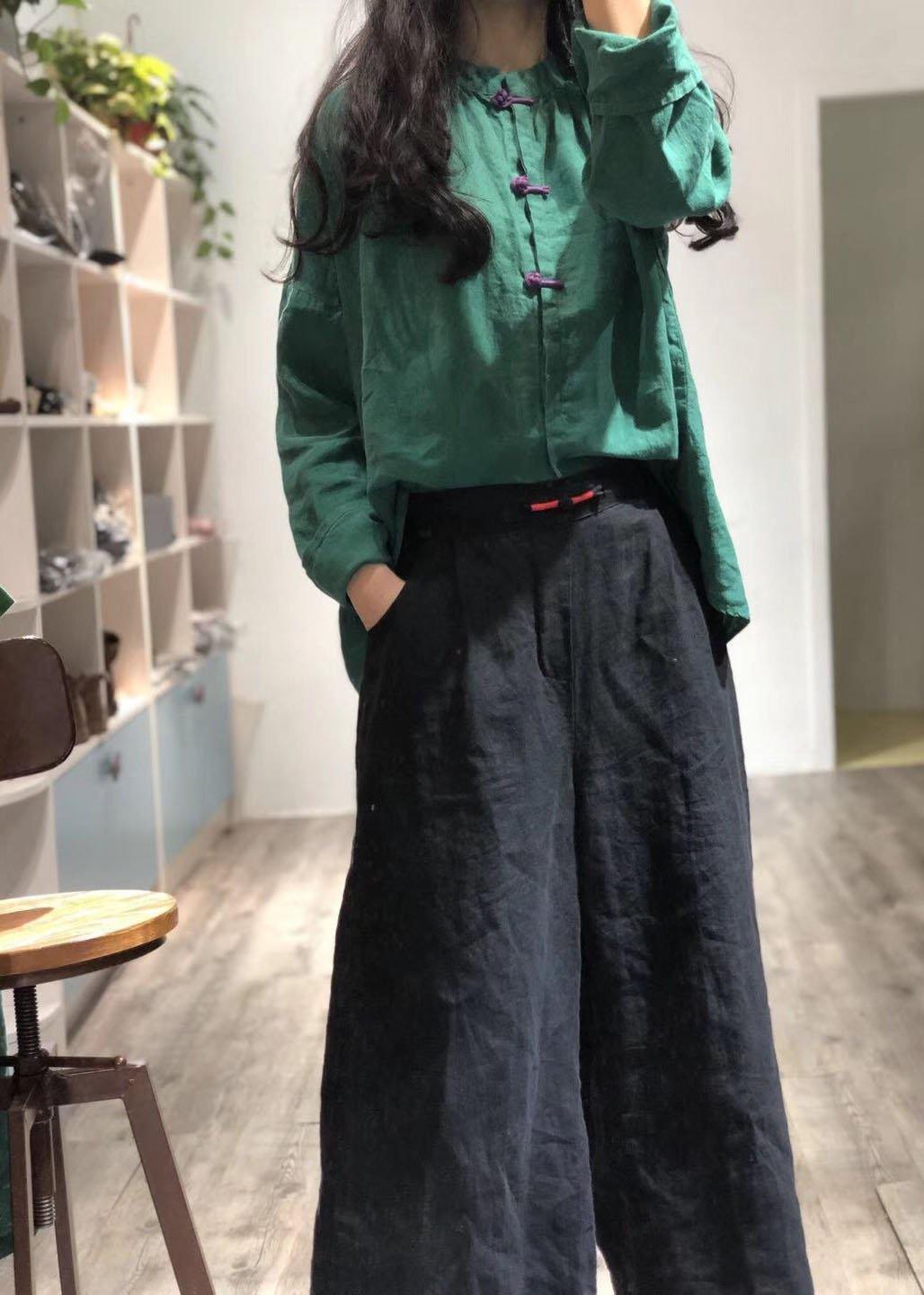 Simple green stand collar linen blouses for women Chinese Button silhouette fall blouse - SooLinen