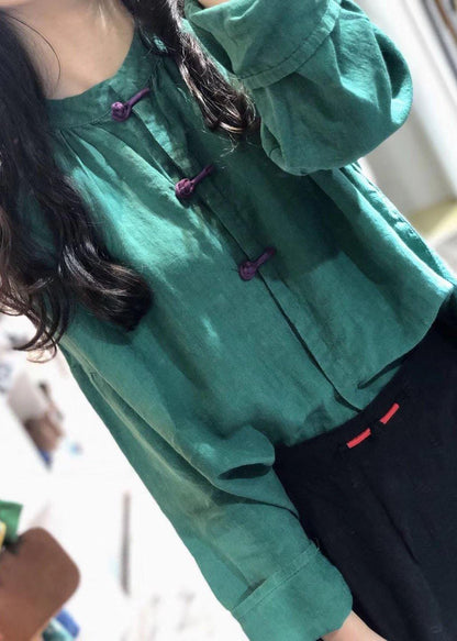 Simple green stand collar linen blouses for women Chinese Button silhouette fall blouse - SooLinen