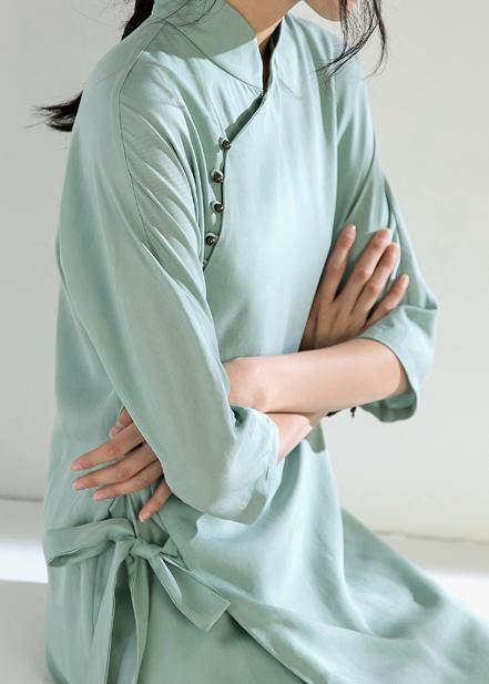 Simple green tunic top stand collar tie waist Dress - SooLinen