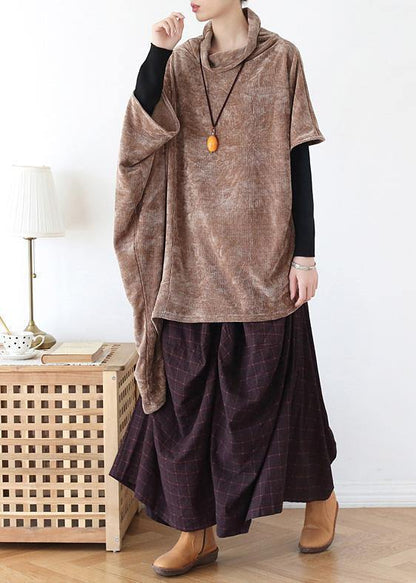 Simple high neck asymmetric cotton tops women khaki tops - SooLinen