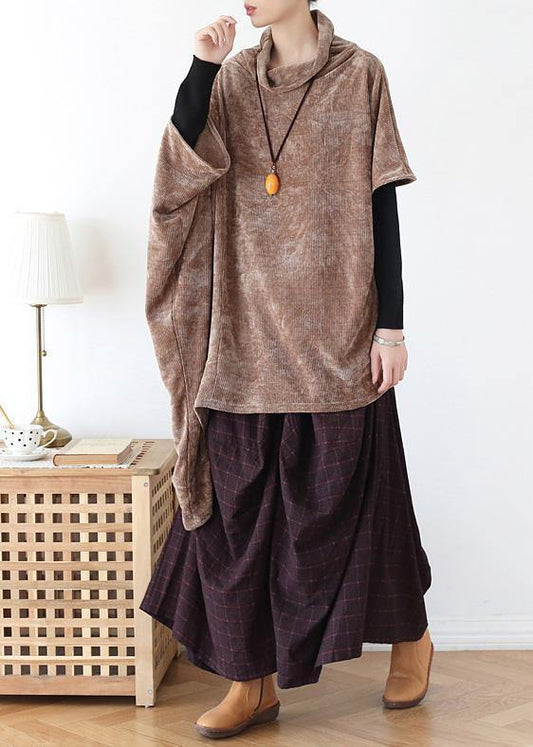 Simple high neck asymmetric cotton tops women khaki tops - SooLinen