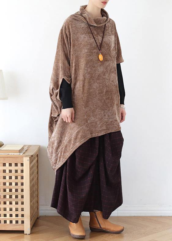 Simple high neck asymmetric cotton tops women khaki tops - SooLinen