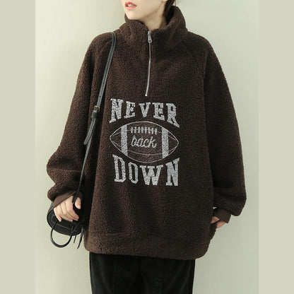 Simple high neck zippered clothes black Letter fuzzy wool top - SooLinen