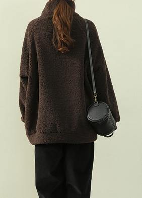 Simple high neck zippered clothes black Letter fuzzy wool top - SooLinen