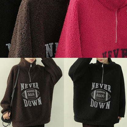 Simple high neck zippered clothes black Letter fuzzy wool top - SooLinen