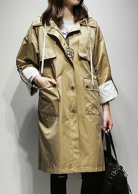 Simple hooded drawstring Fine Coats Women khaki cotton women coats - SooLinen