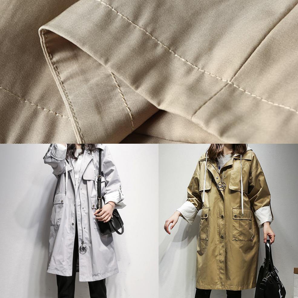 Simple hooded drawstring Fine Coats Women khaki cotton women coats - SooLinen