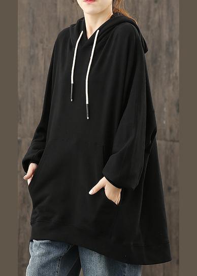 Simple hooded drawstring tunics for women Christmas Gifts black shirts - SooLinen