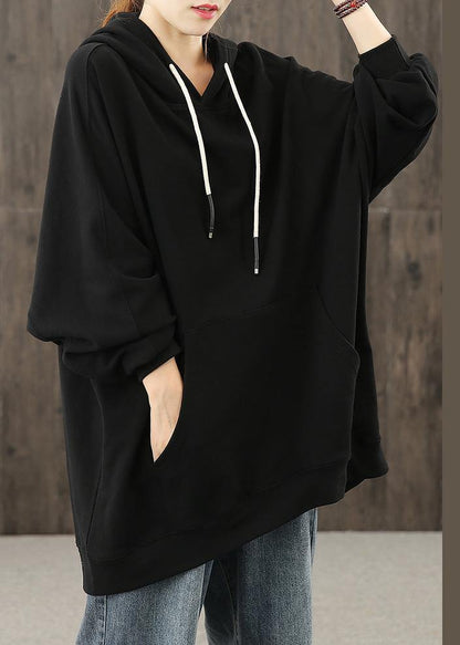 Simple hooded drawstring tunics for women Christmas Gifts black shirts - SooLinen