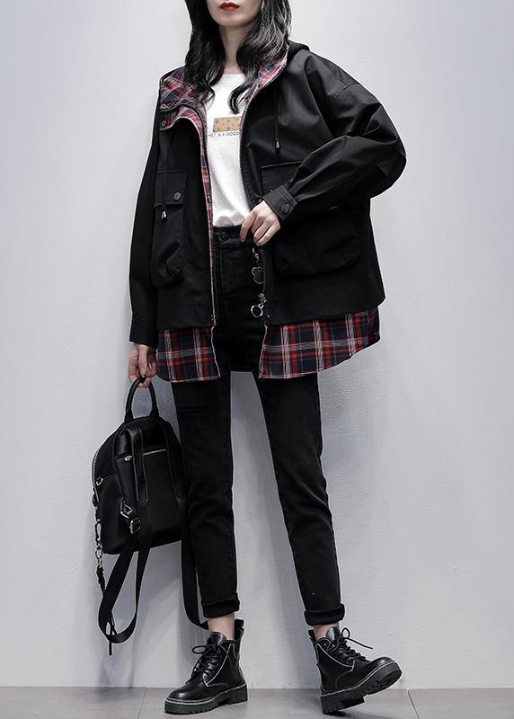 Simple hooded pockets Plus Size tunics for women black patchwork plaid oversized coat - SooLinen