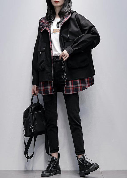 Simple hooded pockets Plus Size tunics for women black patchwork plaid oversized coat - SooLinen