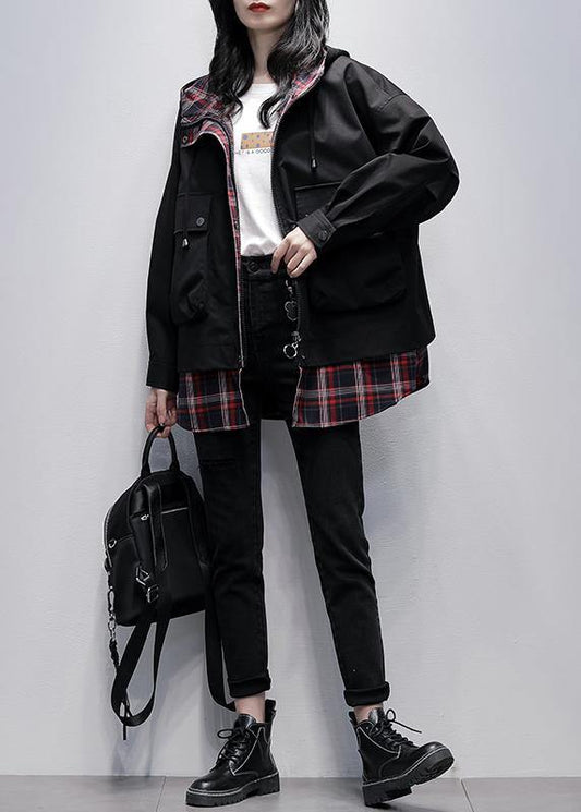 Simple hooded pockets Plus Size tunics for women black patchwork plaid oversized coat - SooLinen