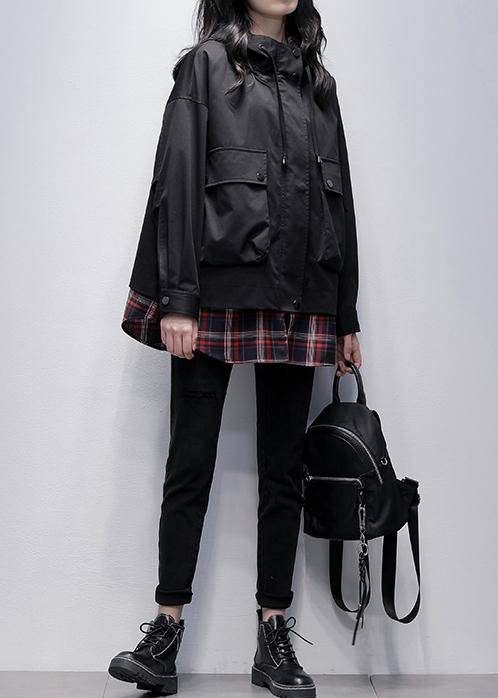 Simple hooded pockets Plus Size tunics for women black patchwork plaid oversized coat - SooLinen