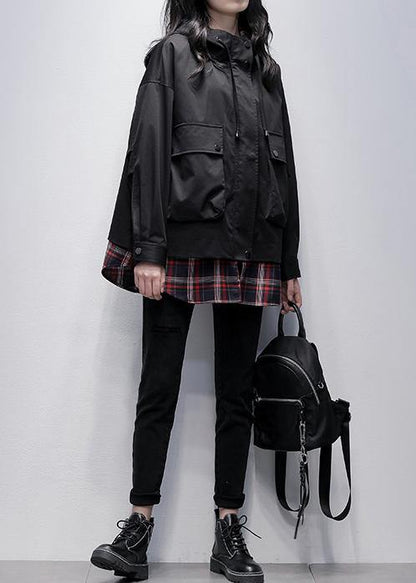 Simple hooded pockets Plus Size tunics for women black patchwork plaid oversized coat - SooLinen