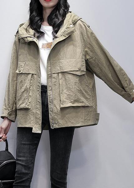 Simple hooded zippered Fashion casual coats women gray green loose coats - SooLinen