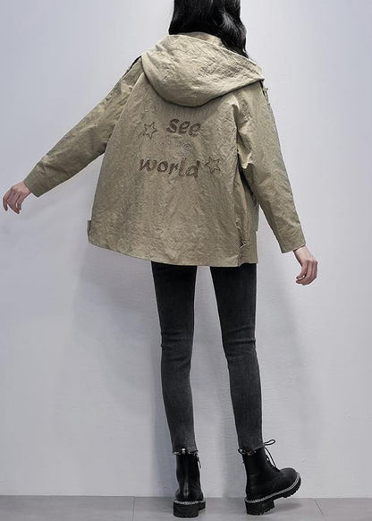 Simple hooded zippered Fashion casual coats women gray green loose coats - SooLinen