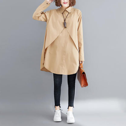 Einfache khakifarbene Baumwollbluse 2019 mit Muster-Revers, asymmetrische kurze Blusen