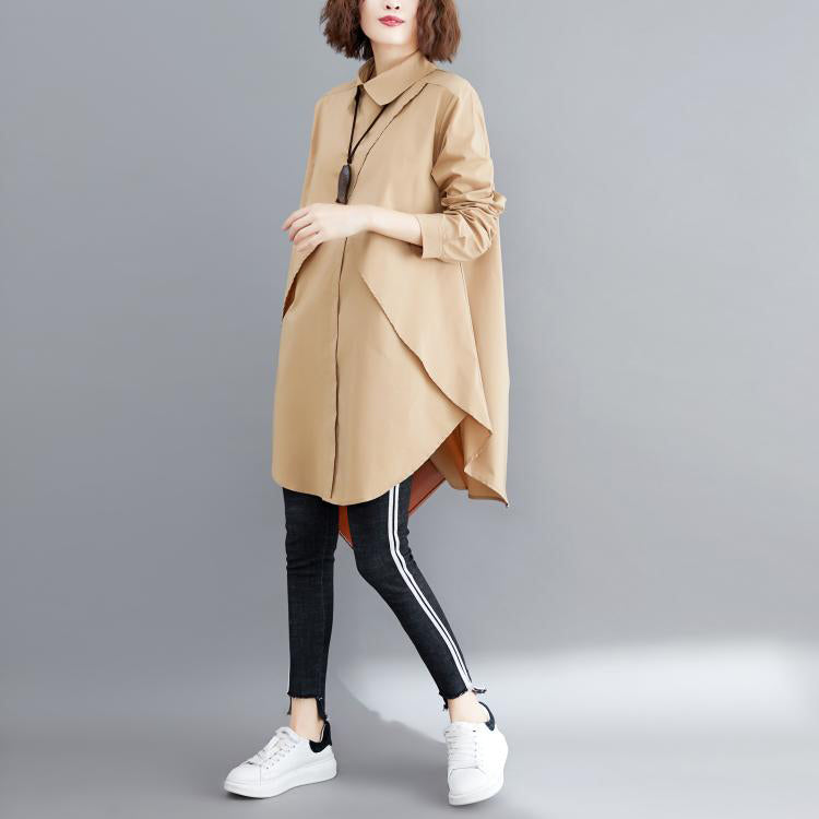 Einfache khakifarbene Baumwollbluse 2019 mit Muster-Revers, asymmetrische kurze Blusen