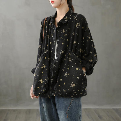 Simple lapel pockets fall crane tops pattern black print shirt - SooLinen