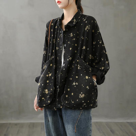 Simple lapel pockets fall crane tops pattern black print shirt - SooLinen