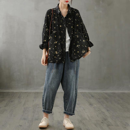 Simple lapel pockets fall crane tops pattern black print shirt - SooLinen