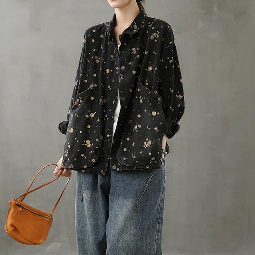 Simple lapel pockets fall crane tops pattern black print shirt - SooLinen