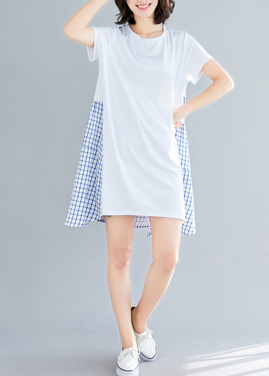 Einfache große Saum Baumwolle Kleidung Frauen indische Shirts blau karierten Knie Kleid Sommer