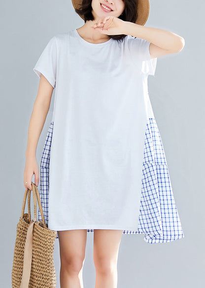 Einfache große Saum Baumwolle Kleidung Frauen indische Shirts blau karierten Knie Kleid Sommer