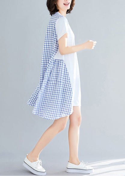 Einfache große Saum Baumwolle Kleidung Frauen indische Shirts blau karierten Knie Kleid Sommer