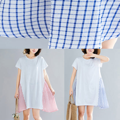 Einfache große Saum Baumwolle Kleidung Frauen indische Shirts blau karierten Knie Kleid Sommer