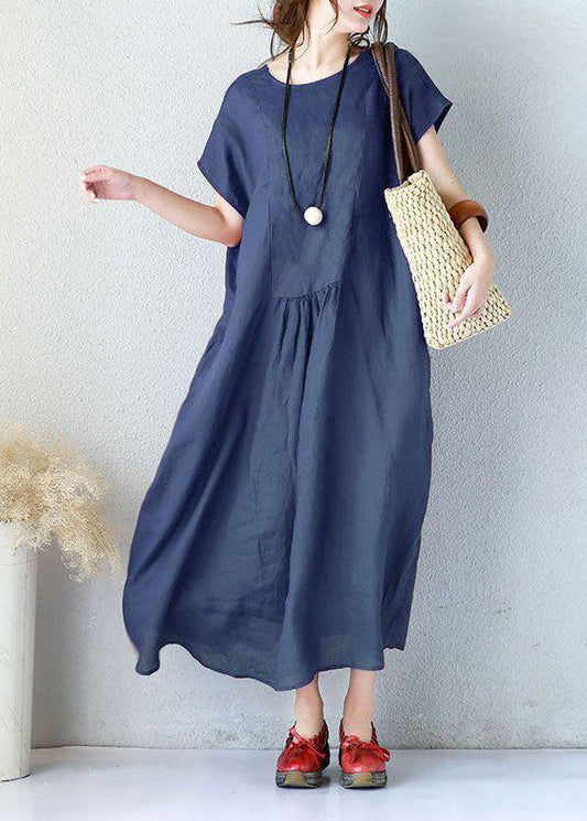 Schlichte Leinenkleidung für Damen, tailliert, Sommerkleid, elegant, locker, kurzärmelig, marineblau
