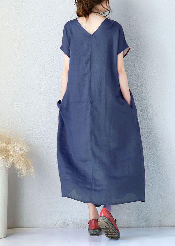 Schlichte Leinenkleidung für Damen, tailliert, Sommerkleid, elegant, locker, kurzärmelig, marineblau