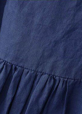 Schlichte Leinenkleidung für Damen, tailliert, Sommerkleid, elegant, locker, kurzärmelig, marineblau