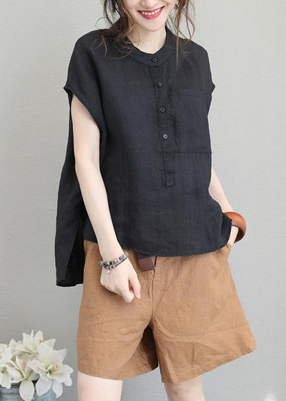 Simple low high design linen Tunic Wardrobes black top summer - SooLinen