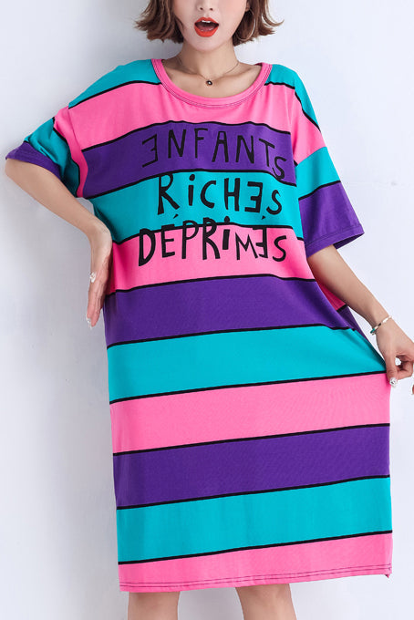 Einfache mehrfarbige lange Baumwollhemden mit Nähten, Arbeitsoutfits, O-Ausschnitt, seitlich offen, Midi-Sommerkleid