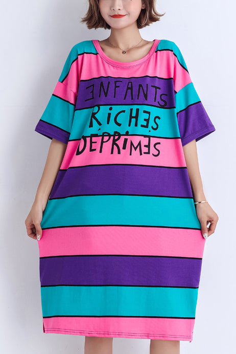 Einfache mehrfarbige lange Baumwollhemden mit Nähten, Arbeitsoutfits, O-Ausschnitt, seitlich offen, Midi-Sommerkleid