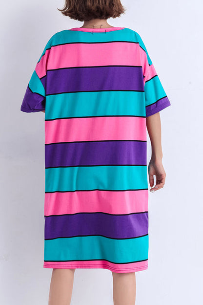Einfache mehrfarbige lange Baumwollhemden mit Nähten, Arbeitsoutfits, O-Ausschnitt, seitlich offen, Midi-Sommerkleid