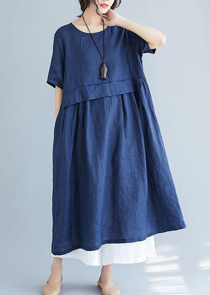 Simple navy cotton quilting dresses o neck pockets loose summer Dress - SooLinen