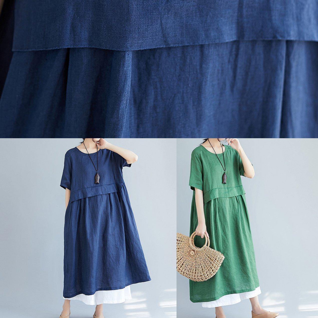 Simple navy cotton quilting dresses o neck pockets loose summer Dress - SooLinen