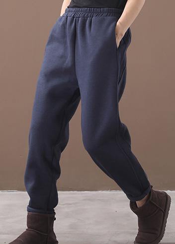 Simple navy winter Jeans  thick elastic waist Inspiration women trousers - SooLinen