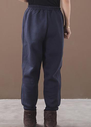 Simple navy winter Jeans  thick elastic waist Inspiration women trousers - SooLinen