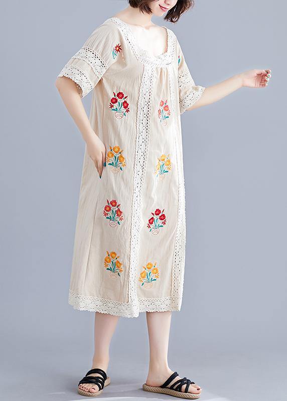 Simple nude embroidery cotton clothes o neck pockets robes summer Dress - SooLinen