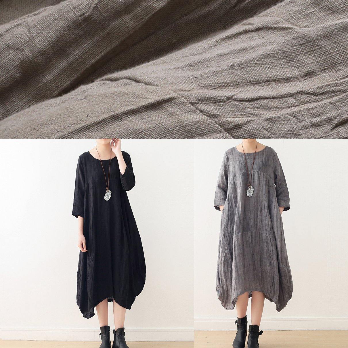 Simple nude linen Long Shirts o neck asymmetric linen robes Dresses - SooLinen
