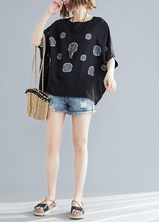 Simple o neck Batwing Sleeve cotton clothes For Women plus size Outfits black dotted oversized blouse Summer - SooLinen