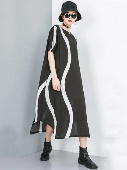 Simple o neck asymmetric cotton dress black striped Dress - SooLinen