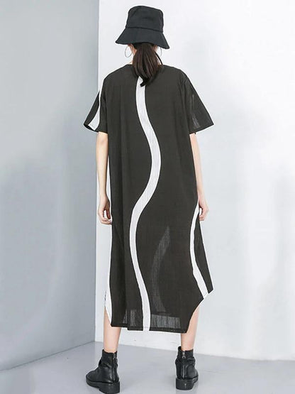 Simple o neck asymmetric cotton dress black striped Dress - SooLinen