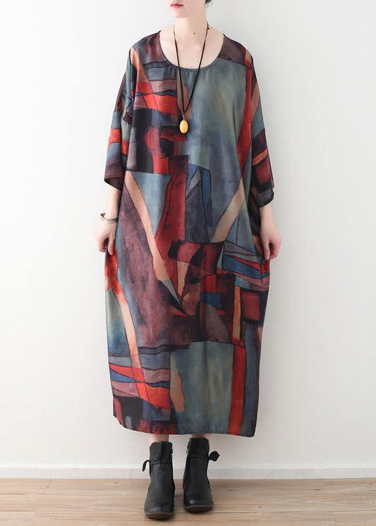 Simple o neck chiffon clothes Women Outfits red green patchwork color Robe Dresses summer - SooLinen