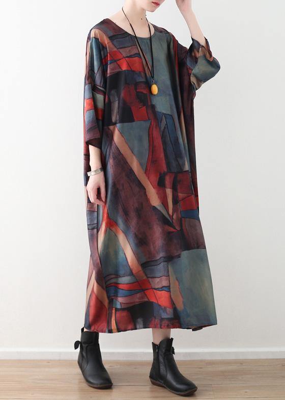 Simple o neck chiffon clothes Women Outfits red green patchwork color Robe Dresses summer - SooLinen