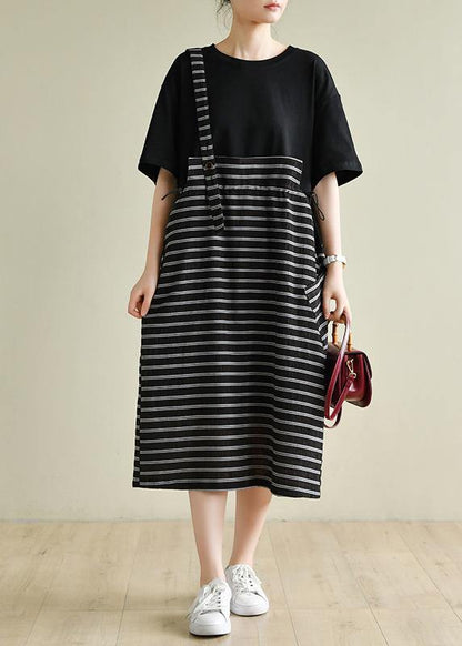 Simple o neck clothes Women Runway black patchwork striped Maxi Dress - SooLinen